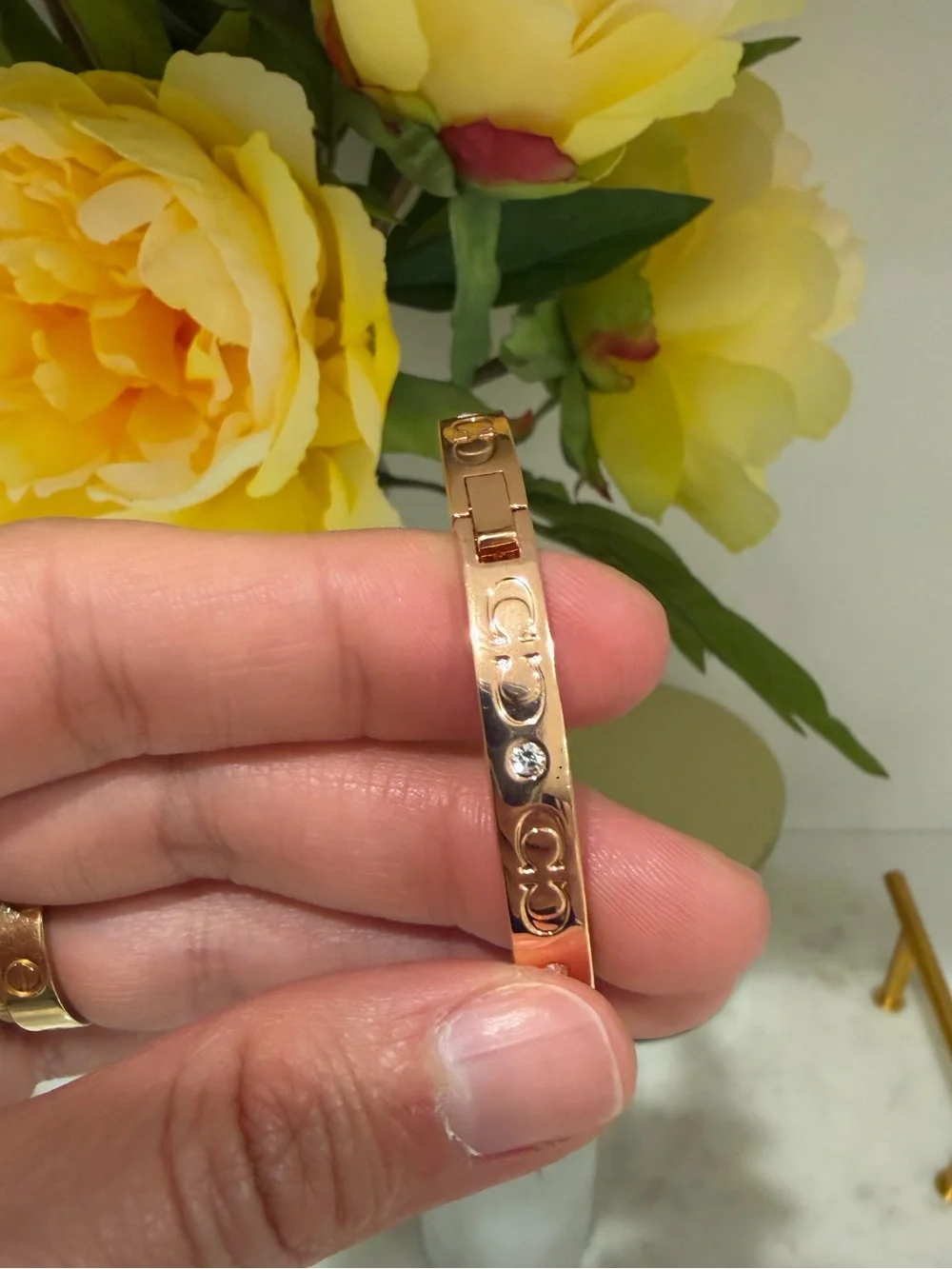 Coach Rose Gold Logo & Crystal Signature Bangle Bracelet